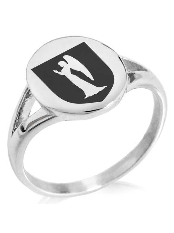 Stainless Steel Angel Divinity Coat of Arms Shield Minimalist Oval Top Polished Statement Signet Ring