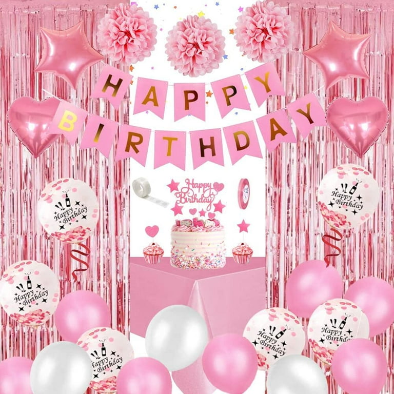  pink birthday decorations for women ，happy birthday party  decorations for girls，pink Fringe Curtain，happy birthday banner，happy  birthday balloon，happy birthday balloon letters : Toys & Games