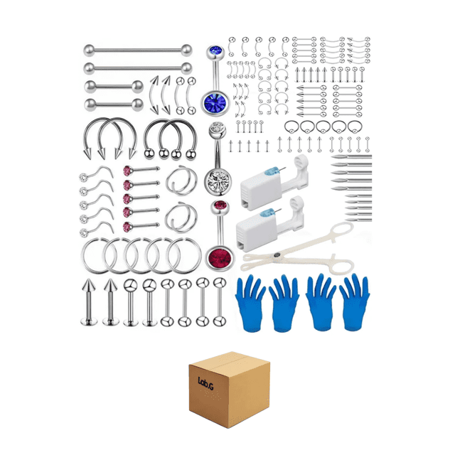 142 pzs Kit De Piercing De Acero Y Accesorios Para Orejas Lab.G Plateado