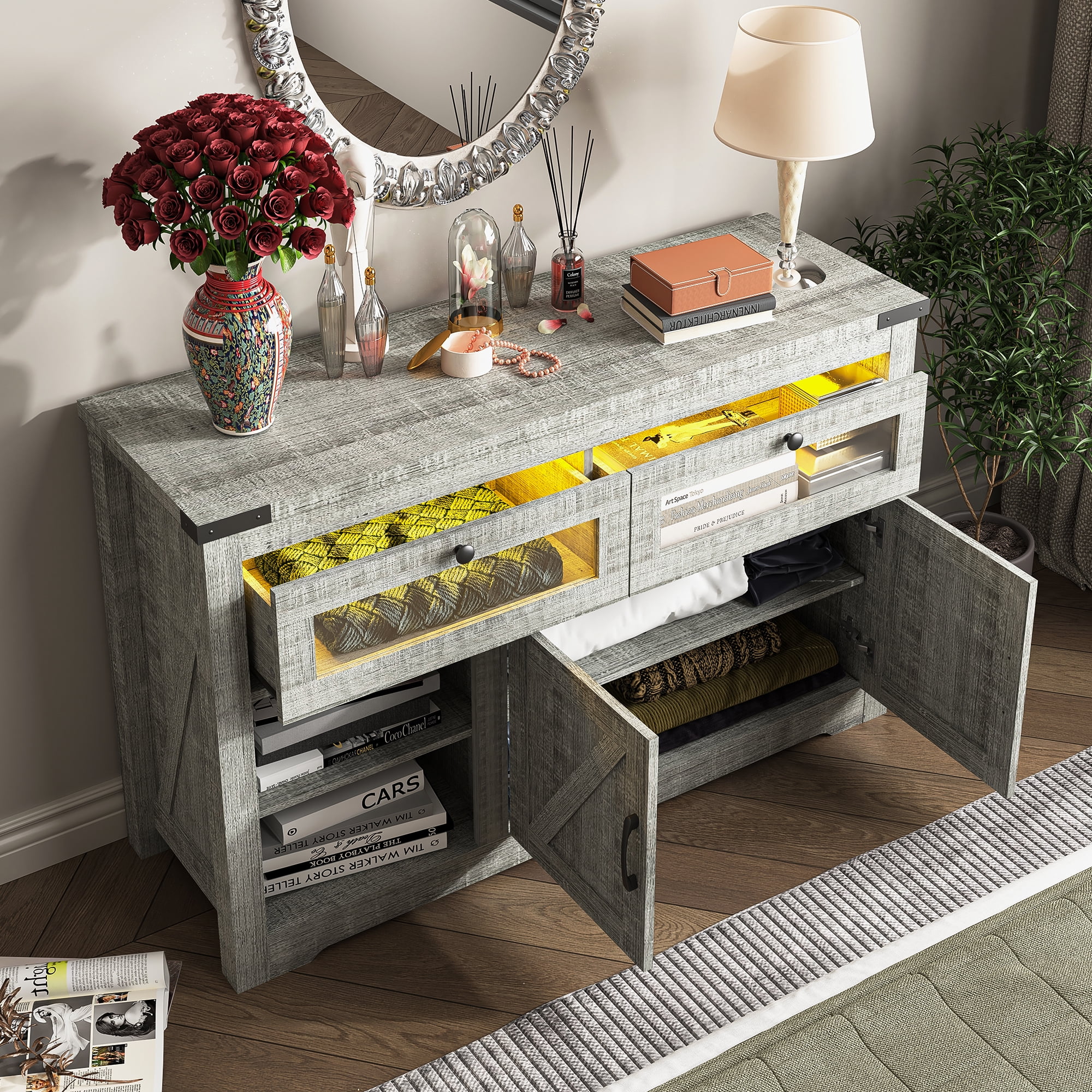 YYAo Rustic Wooden Chest of Drawers, 55" TV Stand Dresser with LED Light and USB Outlets, Organizer Storage Cabinet for Bedroom, Hallway, Entryway, Gray YYAo Rustic Wooden Chest of Drawers, 55" TV Stand Dresser with LED Light and USB Outlets, Organizer Storage Cabinet for Bedroom, Hallway, Entryway, Gray