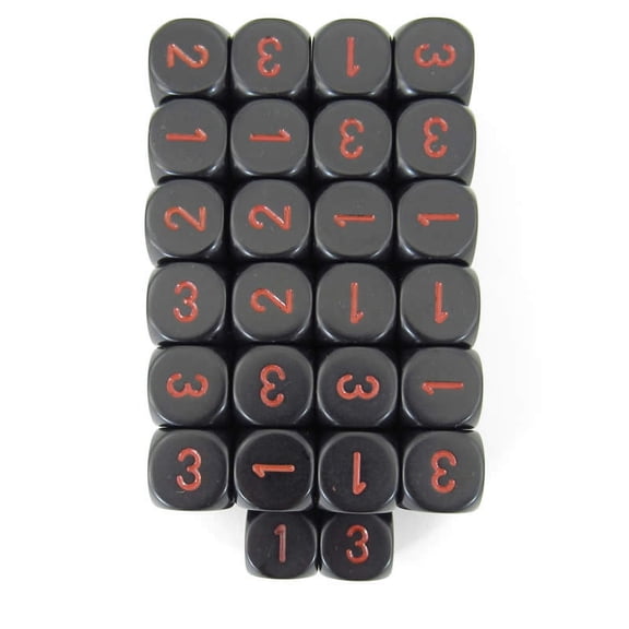 Black Opaque Dice with Red Numbers D3 (D6 1-3 Twice) 16mm (5/8in) Pack of 50 Wondertrail