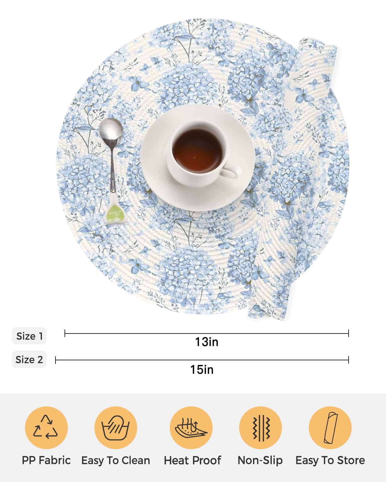 Round Placemats Set of 4 Blue Hydrangea Place Mats Washable Woven Placemat Spring Flower Leaf Circle Braided Table Mat for Kitchen Dining Table Party Home Decor 15 Inch
