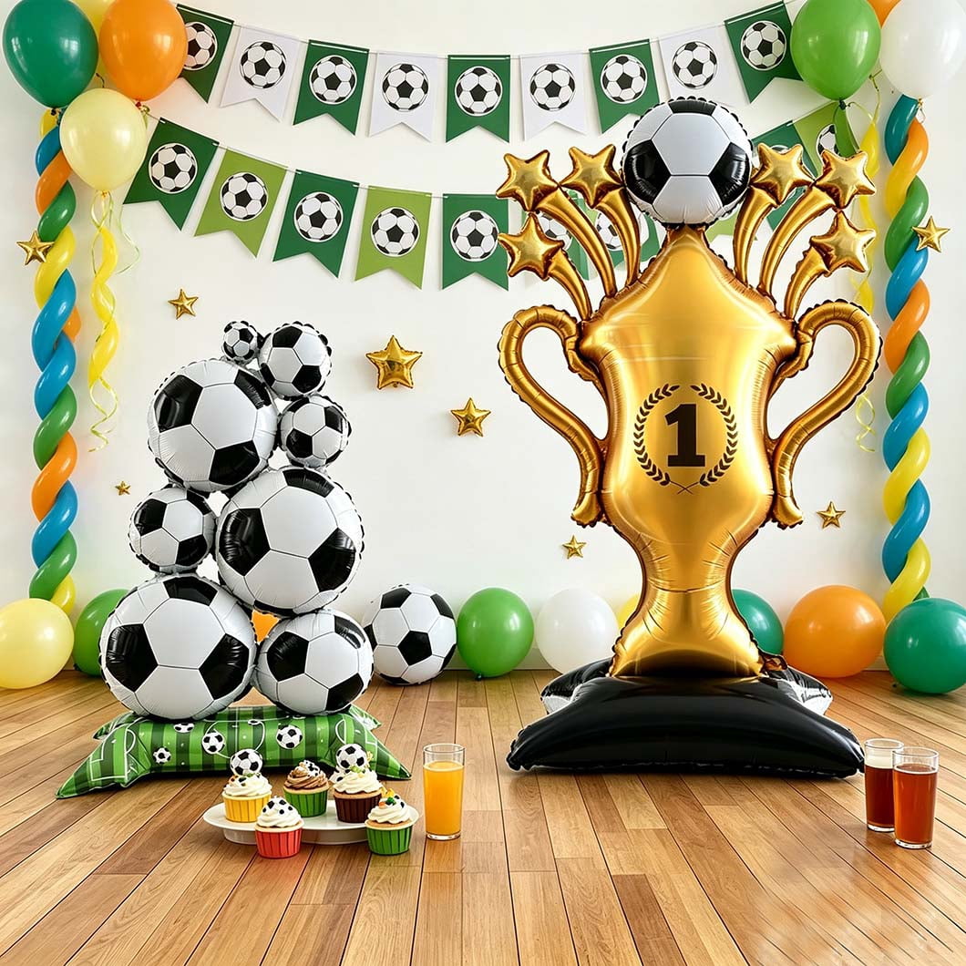 2Pcs Giant Soccer Balloons Champion Trophy Balloons Soccer Party Decorations Soccer League Champions Trophy Decor Sports Football Ball Fans Birthday Party Decoration