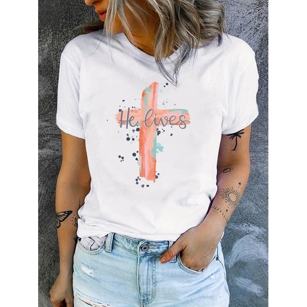 Easter Print T-shirt, Short Sleeve Crew Neck Casual Top For Summer & Spring, Women's Clothing Tee For Adult, Men, Women, Teen, Teenager, Adolescent, Youth