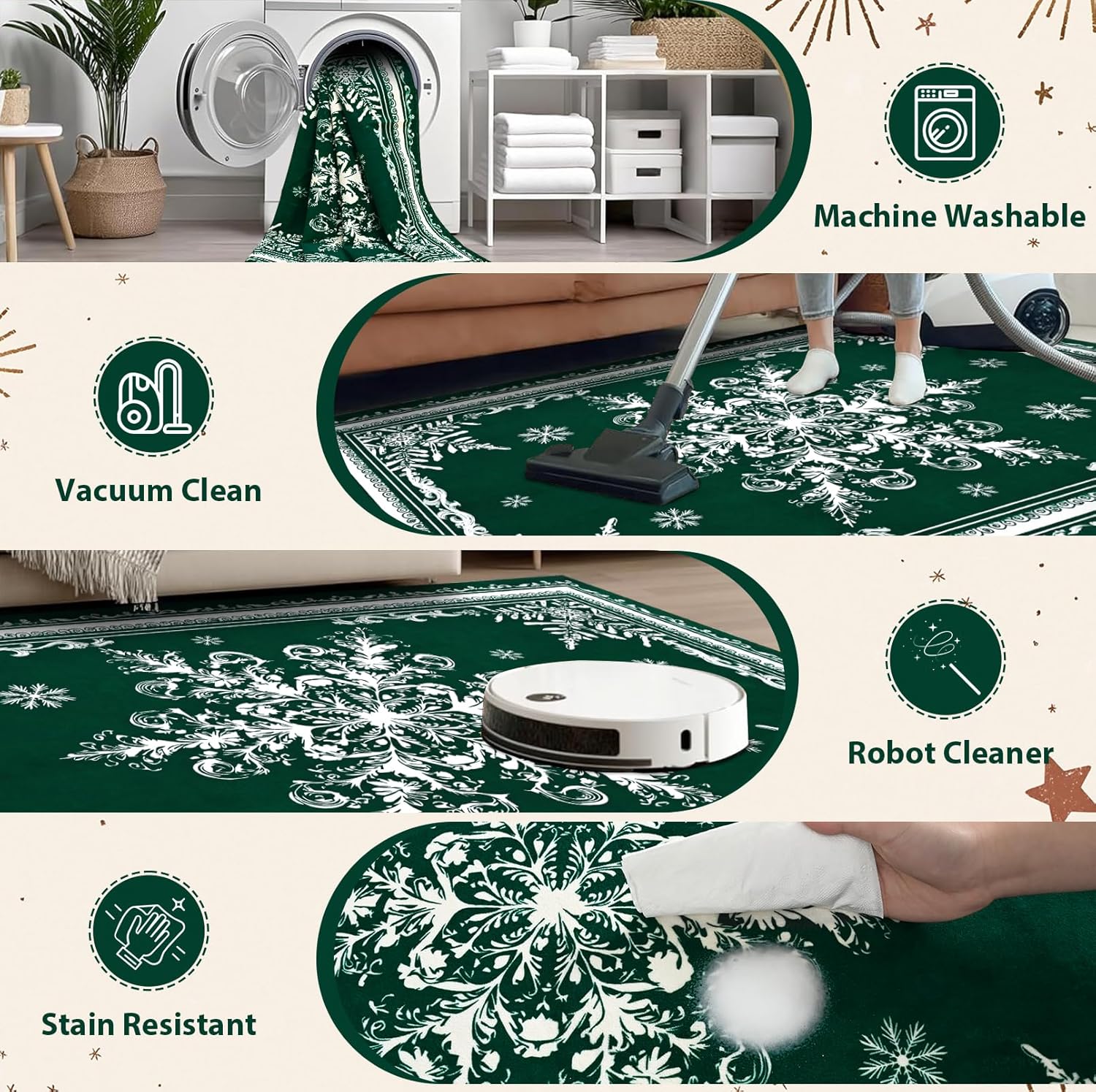 BLEUM CADE Christmas Snowflake 3x5 Area Rugs for Living Room,Non Slip Washable Rugs Low Pile Floor Mat Carpet,Holiday Christmas Decorations,Green