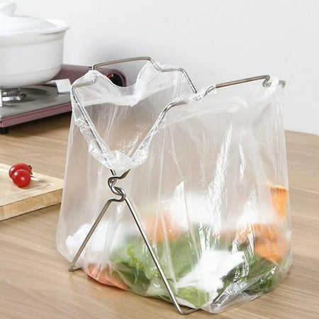 

Stainless Steel Foldable Trash Bag Stand Kitchen Trash Rack with Storage Bracket for Utensils and Can Liners