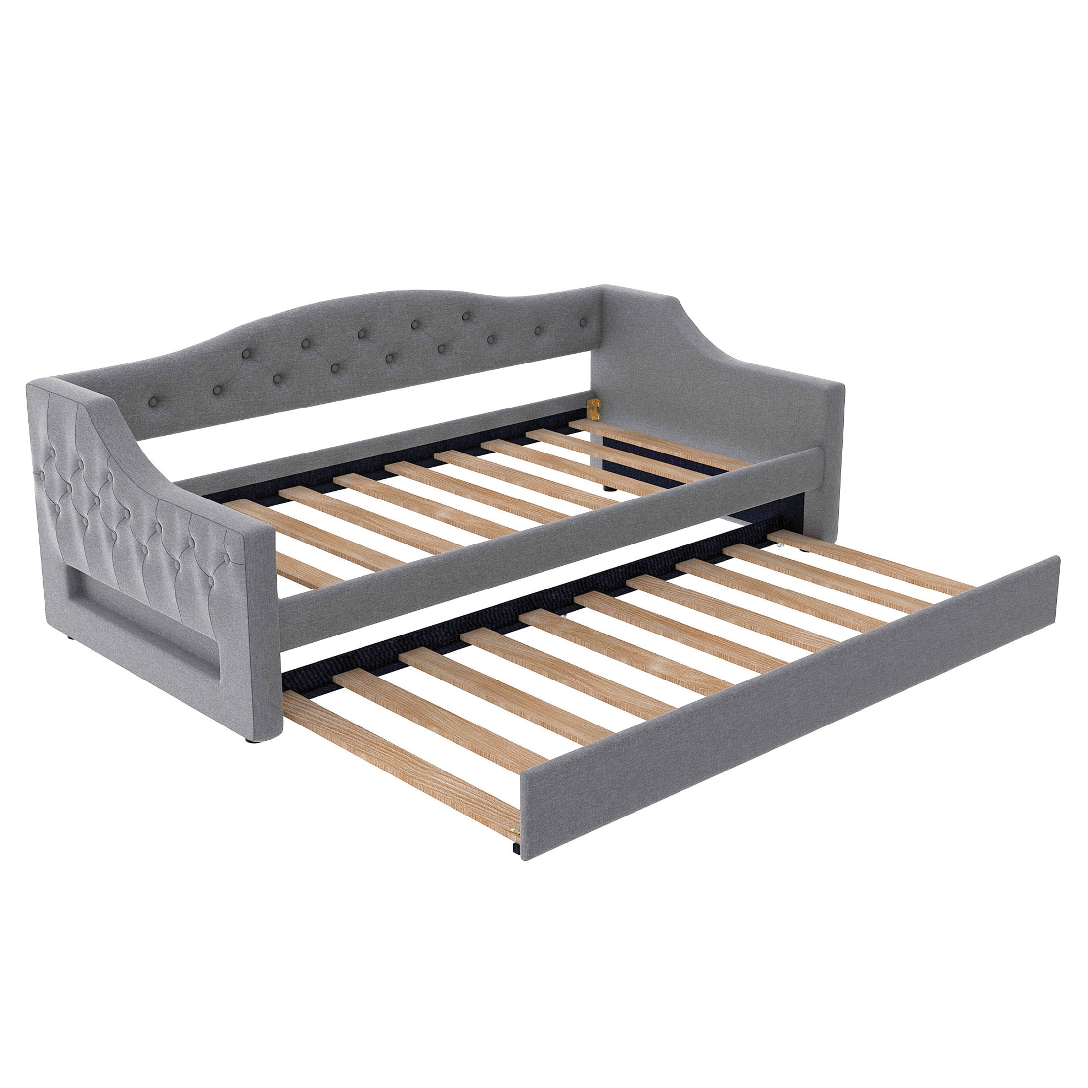 Noble House Twin XL Upholstered Daybed, Linen Frame with 7-Color LED Belt and Trundle, Space Saving Design, Gray