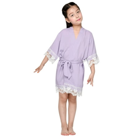 

Mr & Mrs Right Child Cotton Kimono Robes Flower Girl Bathrobes with Lace Trim-Mint-LIGHT PURPLE Age 10