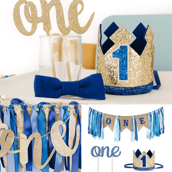 Baby Boy 1st Birthday Decorations Set with Gold Crown, High Chair Banner & Burlap Banner, Blue and Gold Cake Smash Party Supplies