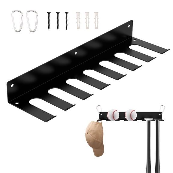 Wall Mounted Baseball Bat Rack Carbon Steel Baseball Bat Display Hanger with 2 Carabiner Metal Sports Equipment Storage Rack for Gym Garage Wall