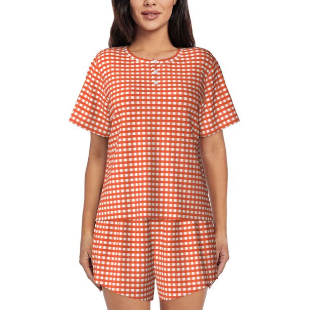 Balery Orange Gingham Conjunto de Pijama para Mujer con Estampado, Dos Piezas de Manga Corta y Shorts, Ropa de Dormir Suave con Cuello Redondo y Bolsillos-XX-Large