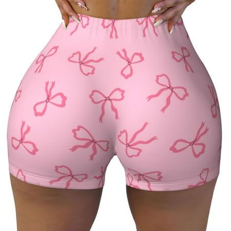 Workout Shorts Women  Pink Bows Biker Shorts for Women Running Gym Spandex Shorts Tummy Control