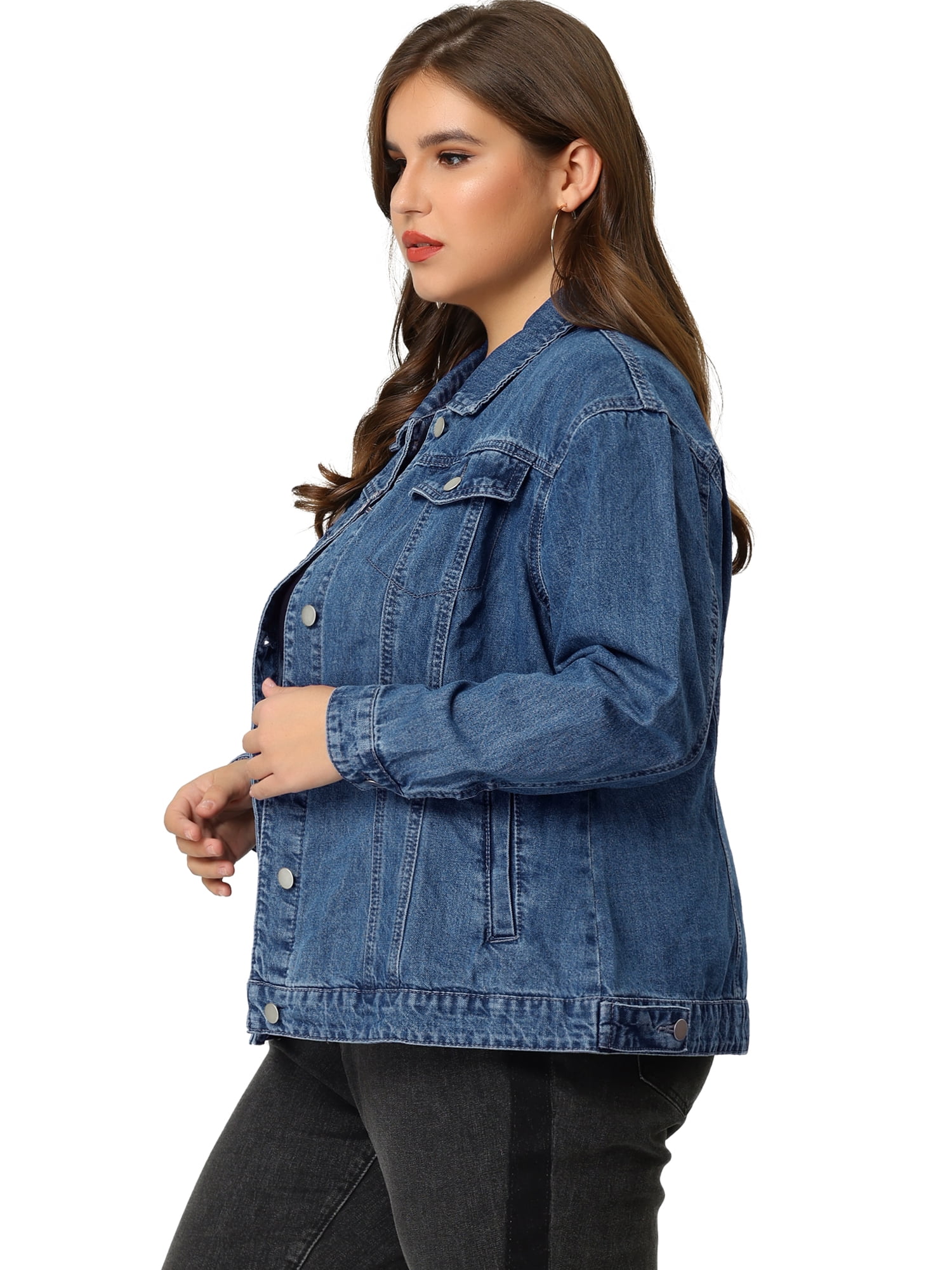 DARING DIVA Women's Plus Size Long Sleeve Button Front Washed Denim Jacket 6X Denim Blue