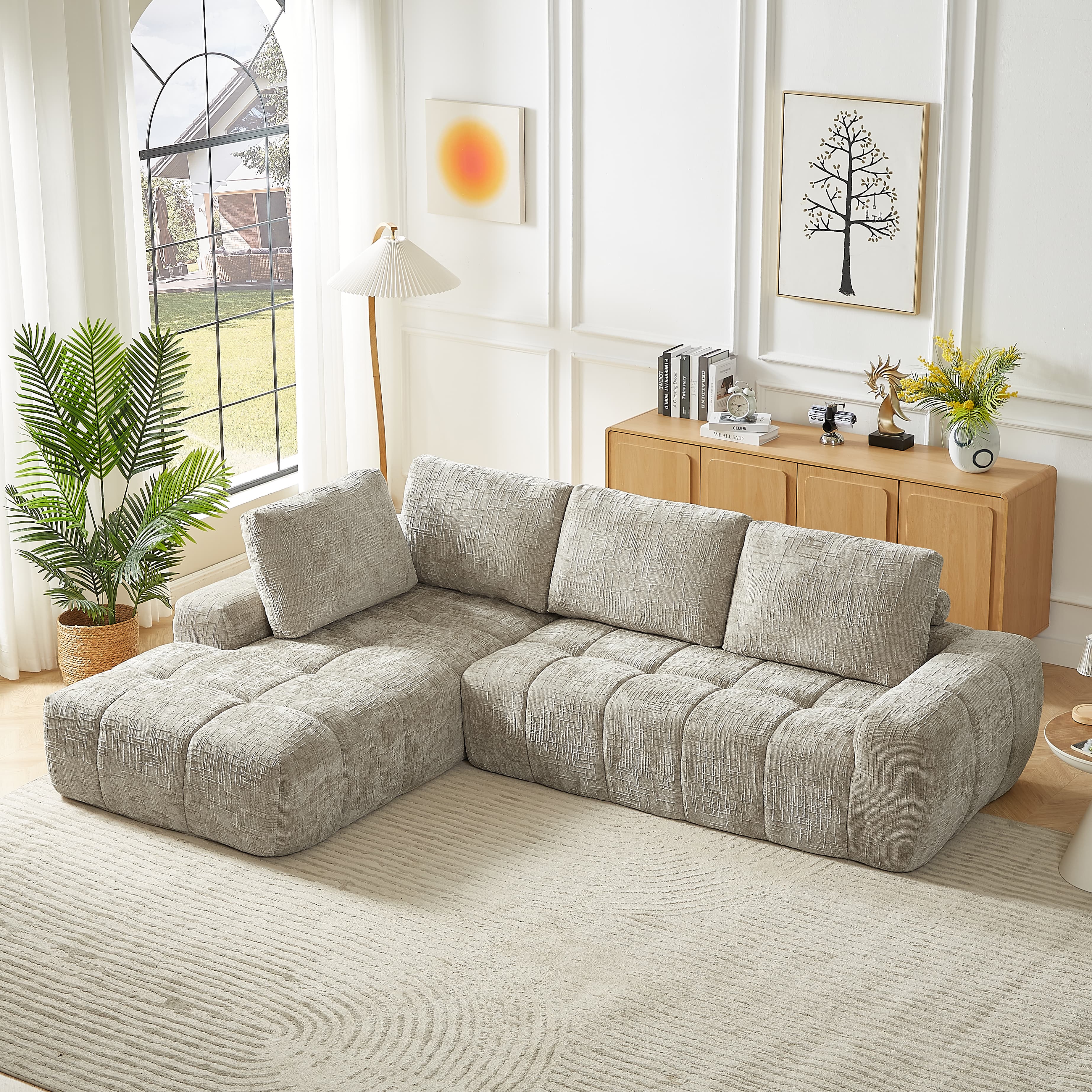 MAYEERTY Chenille L-Shape Oversized Sectional Sofa, Minimalist & Comfy Sleeper Couch for Living Room, 102×65" Khaki
