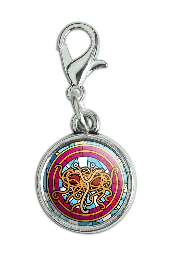 Flying Spaghetti Monster Stained Glass Antiqued Bracelet Pendant Zipper Pull Charm with Lobster Clasp