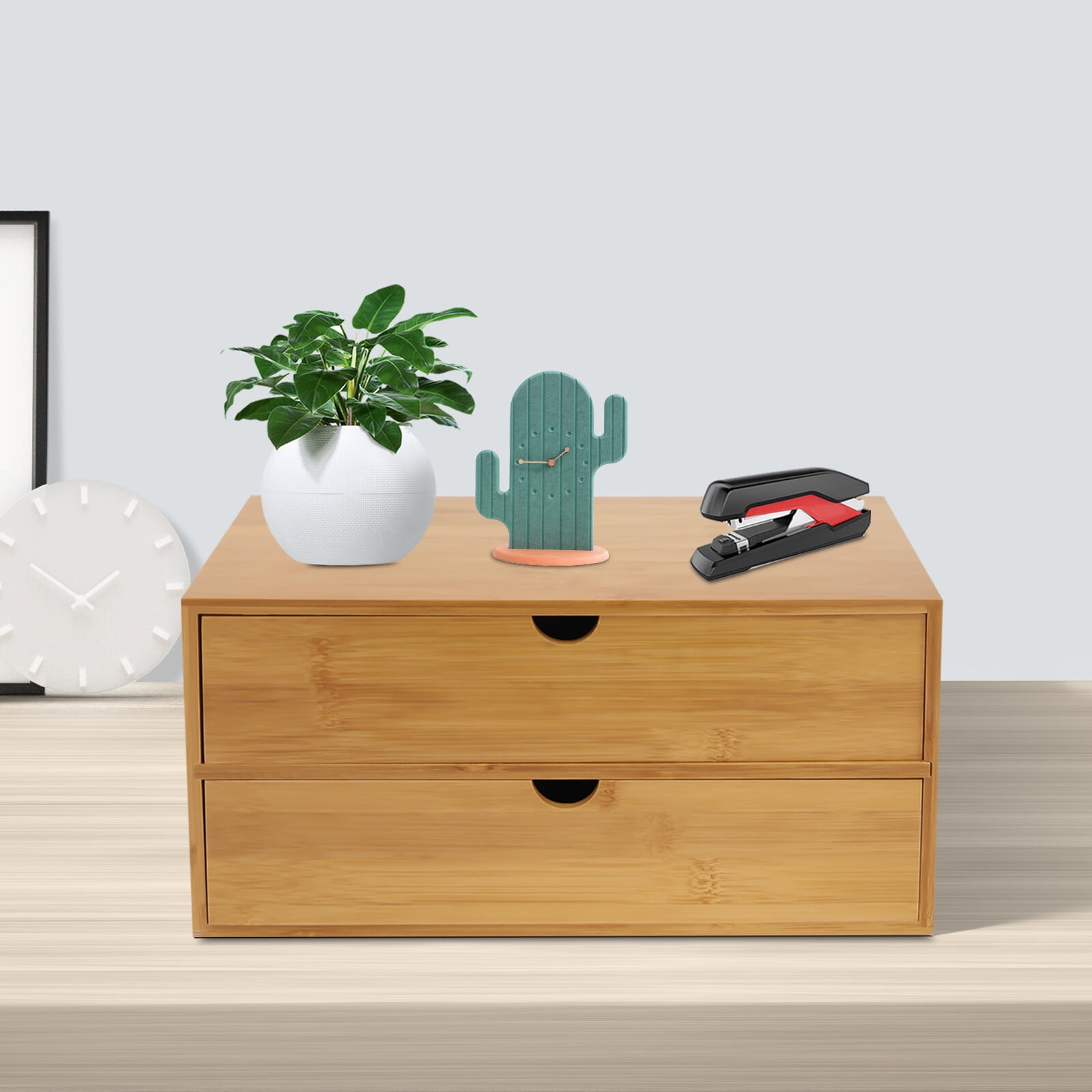 Desk Storage Box, Mini Bamboo Drawer Organizer with Curved Groove Handle for Office, Home