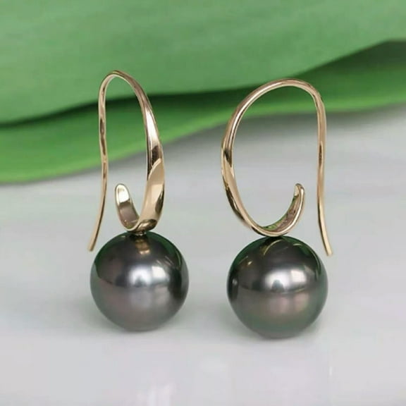 EOEMY Natural Aaa 9-10mm South Sea Black Tahitian Pearl Earrings 14K Yellow Gold Over