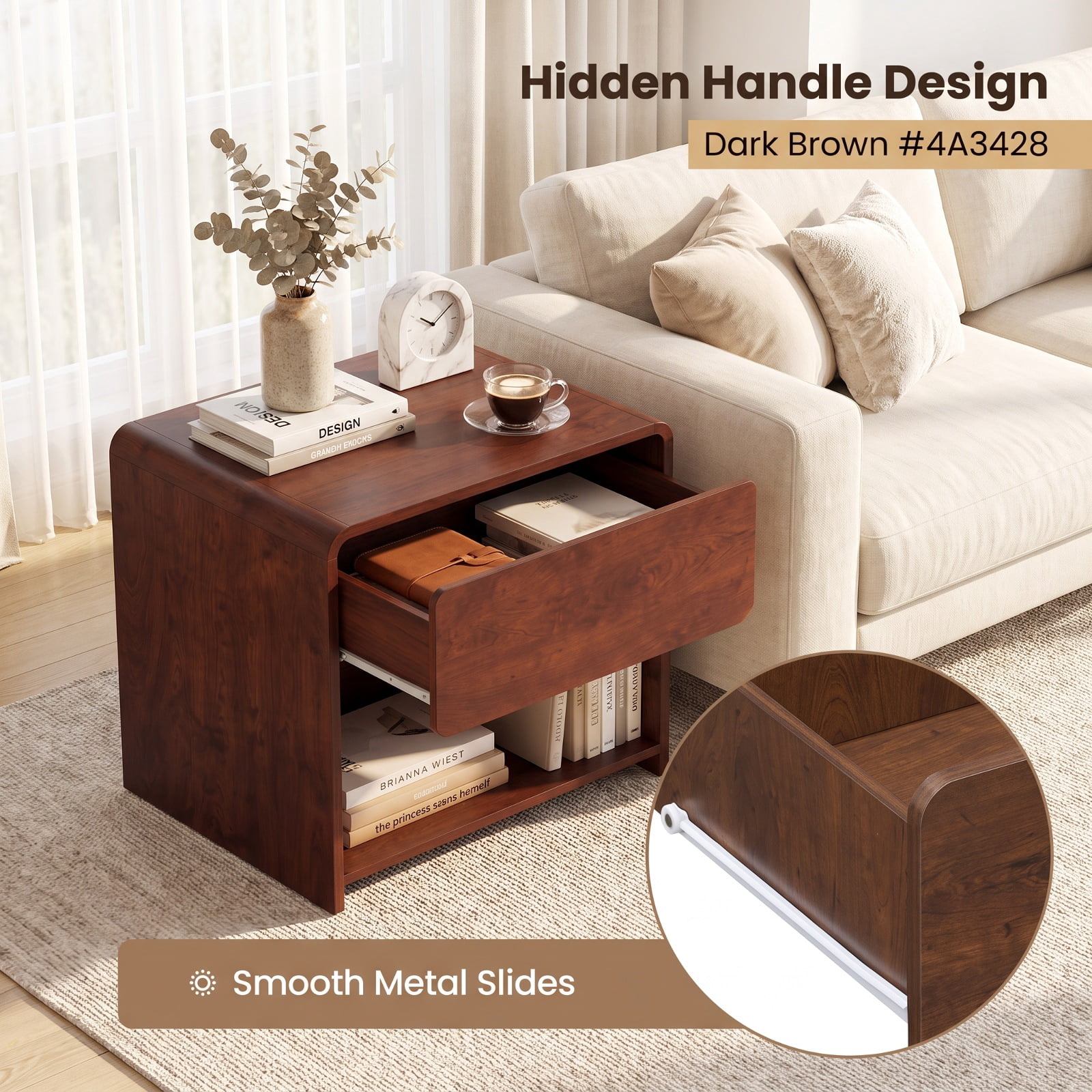 Furnibear 2-Tier Modern Style Nightstand with Drawer and Open Shelf for Bedroom for Bedroom Living Room Bedside Sofa Side Small Space, Walnut