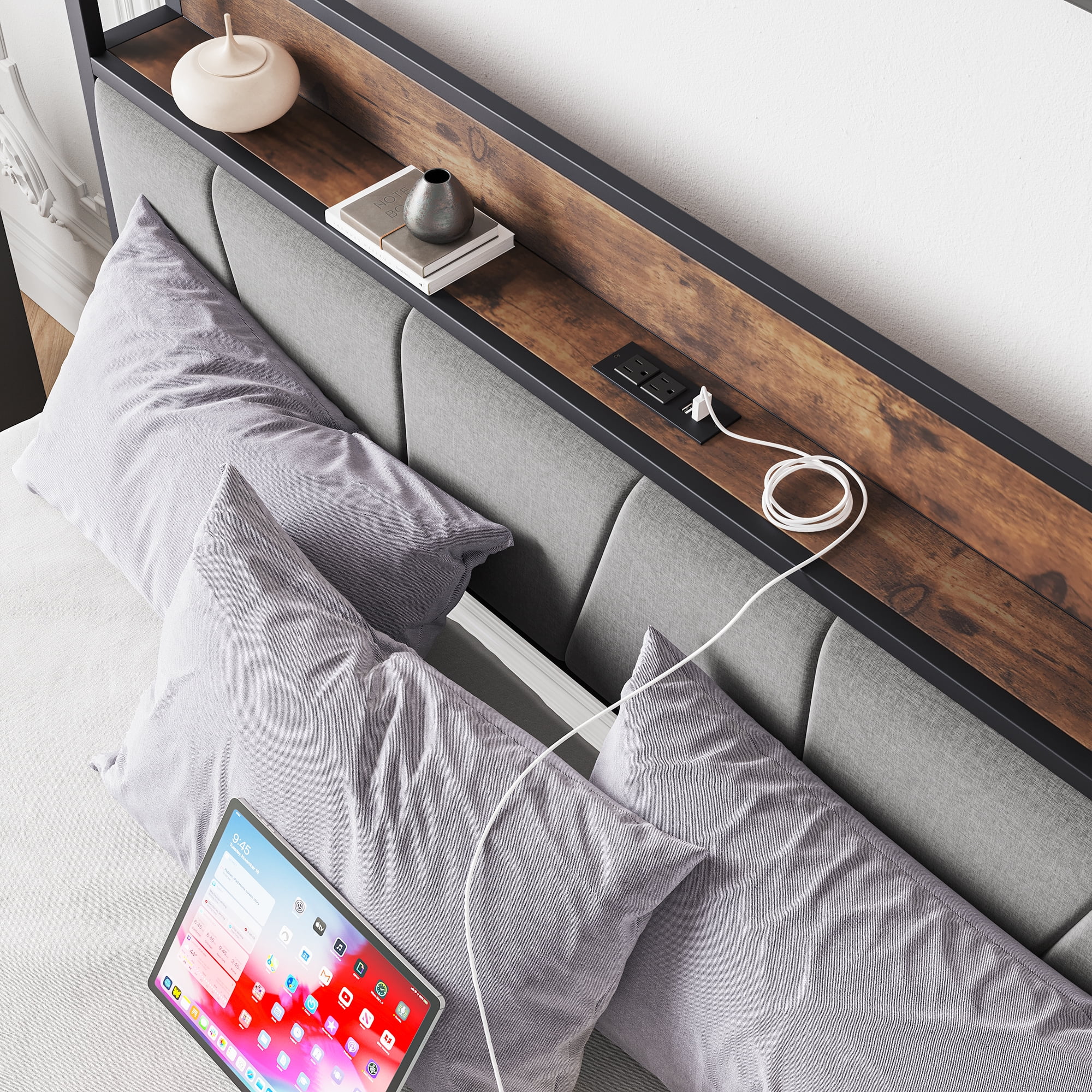 Queen Bed Frame with Storage Headboard/USB Charging Station,Heavy Duty Metal Upholstered Single Platform Queen Size Bed Frame,No Box Spring Needed,Heavy Duty Metal Slats,86.38"x59.45"x38.78",Brown