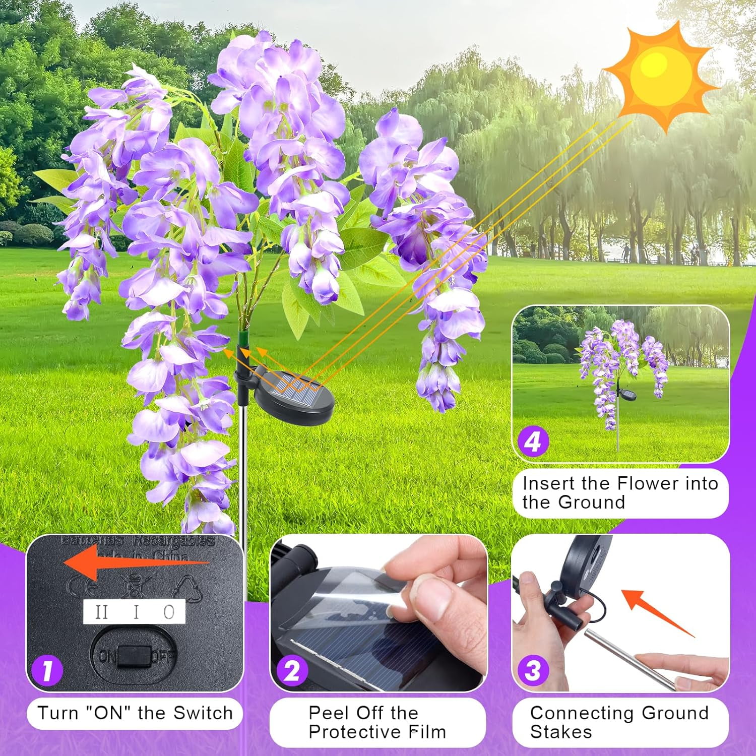 Ninonly Solar Garden Lights, 2 Pack Solar Pathway Lights, 2 Lighting Modes Solar Wisteria Flowers Lights Outdoor Waterproof for Landscape Courtyard