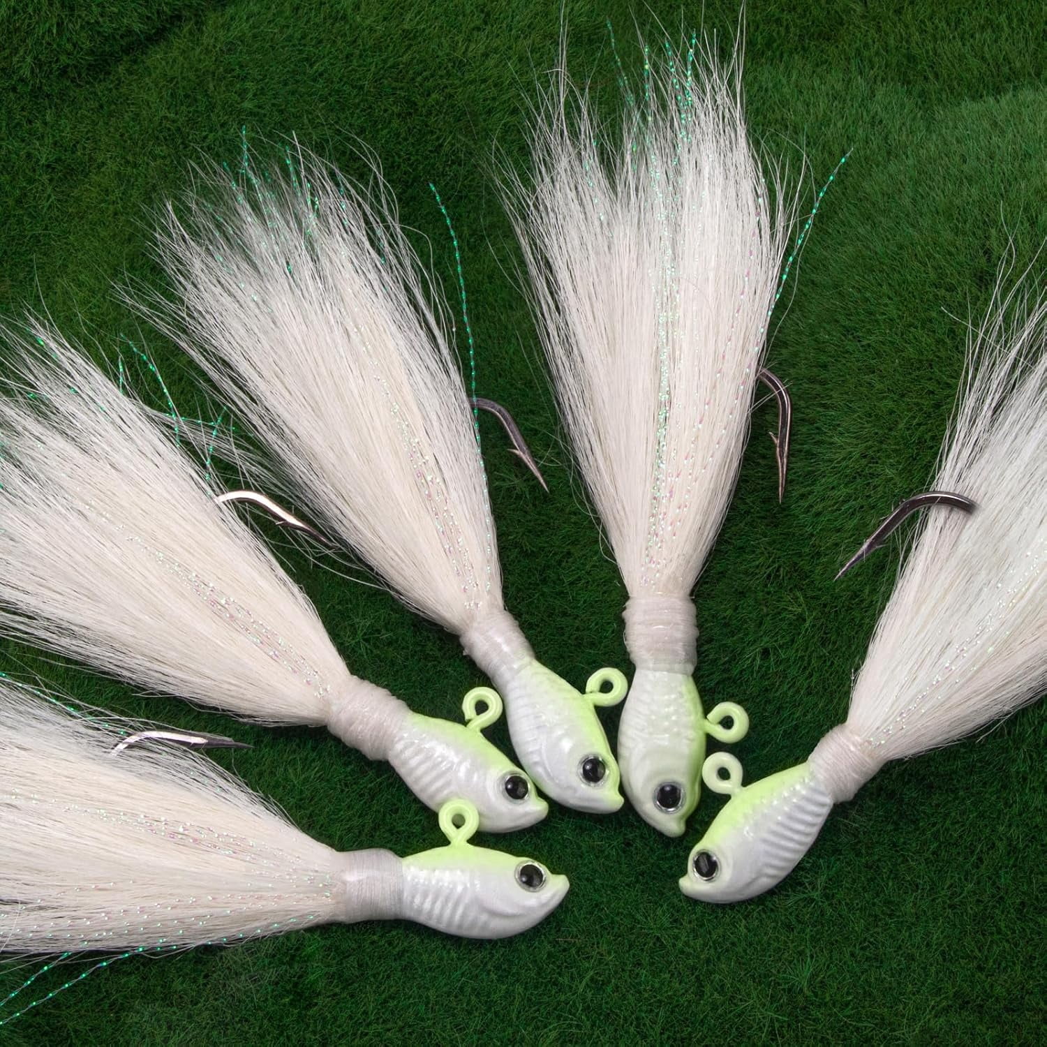 5-Pack Bucktail Jigs Hair Jigs Saltwater Freshwater Fishing Bucktail Lures Surf Fishing Jig Heads White Luminous Chartreuse Swimbait Jig for Bass Flounder Striper Bluefish Halibut Redfish