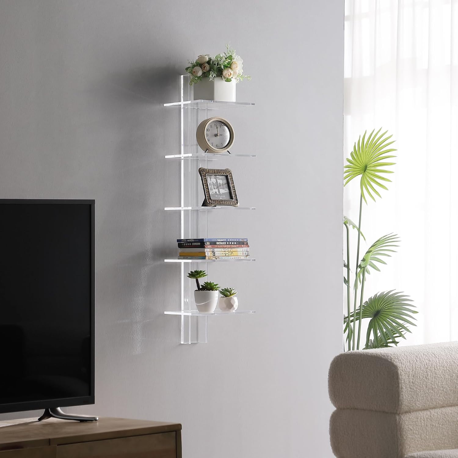 Proman Products Mounted Spine Bookshelf,Wall Mounted Shelves, Spine Book Tower Decor, 8" D x 9.5" W x 37" H, Clear Acrylic