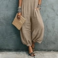 thumbnail image 4 of Baggy Linen Jumpsuits for Women Sleeveless Square Neck Overall Rompers Pleated Loose Casual Jumpsuit Khaki, 2XL, 4 of 7