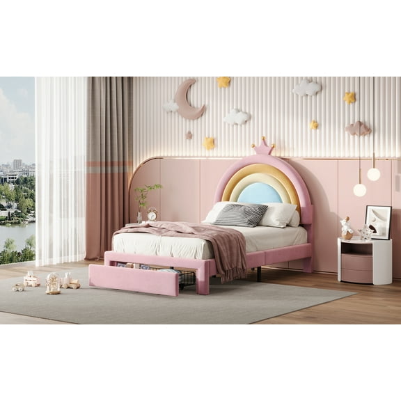 Euroco Upholstered Twin Size Platform Bed with Drawer, PU Leather Princess Bed with Crown