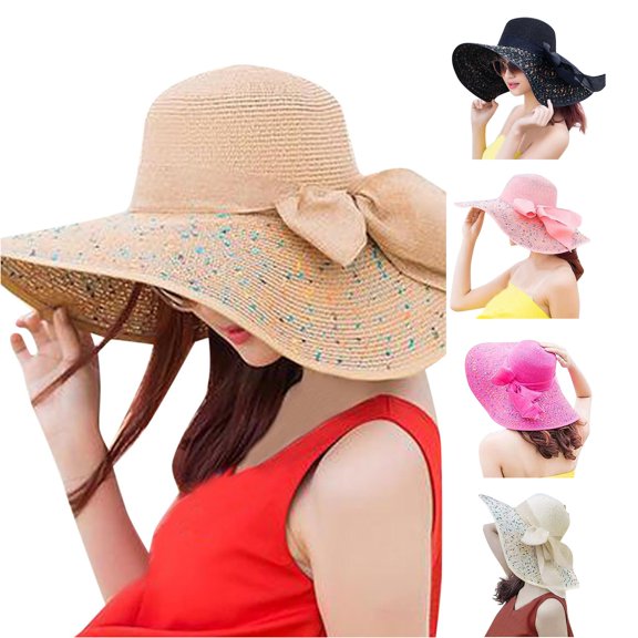LiuXxxx Wide Brim Straw Sun Hat for Women Fashionable Beach Bow Floppy Cap UPF Casual Summer Outdoor Baseball Style Khaki