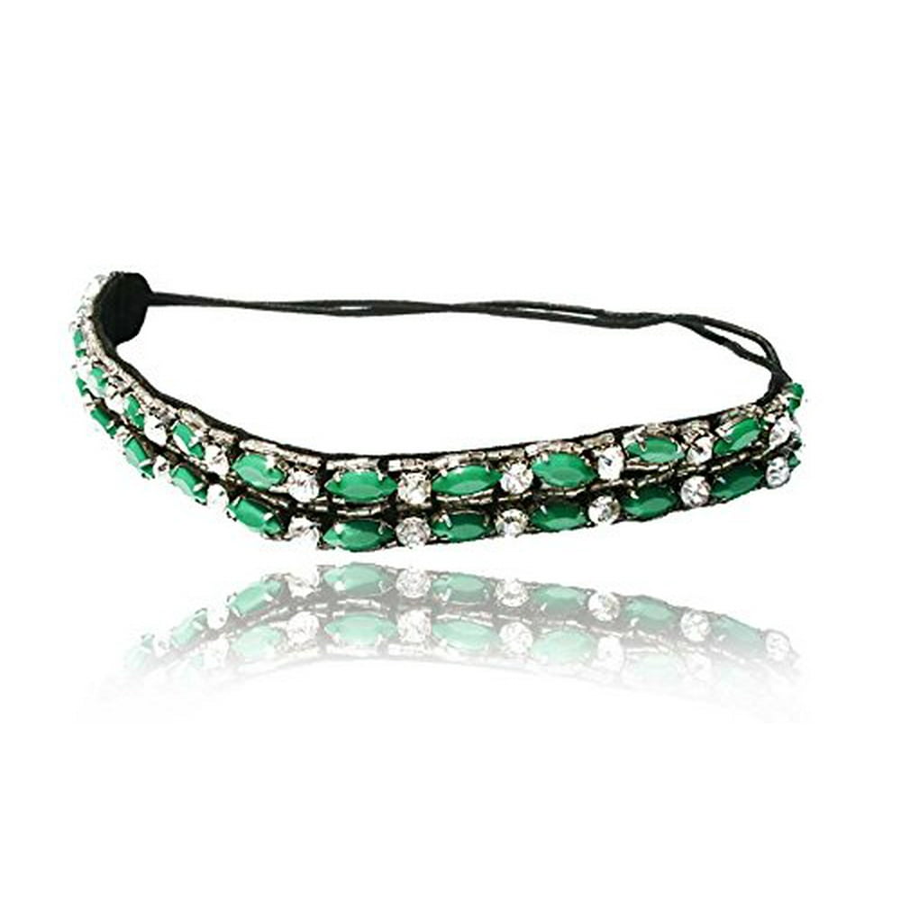 Emerald Green Rhinestone and Beaded Headband. Bohemian Style Headband. Elastic Band to Fit Any