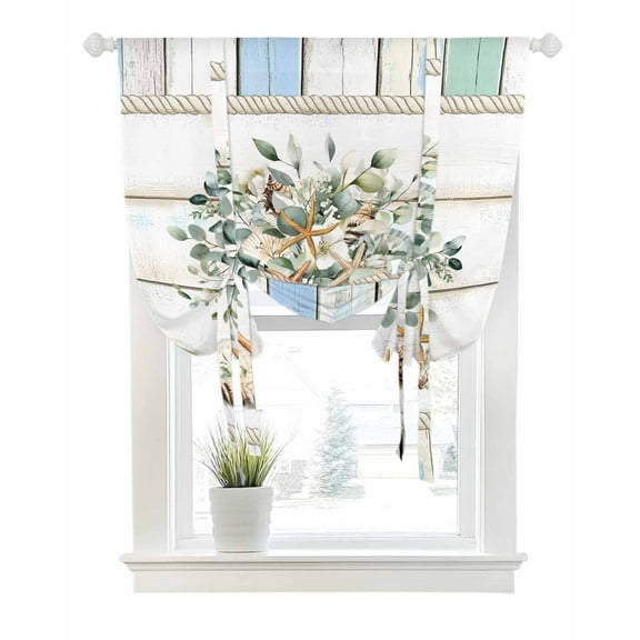 Green Eucalyptus Tie Up Curtains for Window, Thermal Insulated Balloon Shade Adjustable Rod Pocket Curtains Valance Panels for Kitchen Bathroom Cafe 42 x 63 Botanical Floral Starfish in Vase