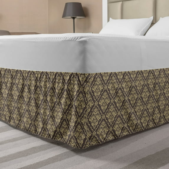 Oriental Bed Skirt, Classical Pattern with Damask Ornaments Antique Flourish Curly Leaves Pattern, Elastic Bedskirt Dust Ruffle Wrap Around for Bedding Decor, 4 Sizes, Taupe and Beige, by Ambesonne