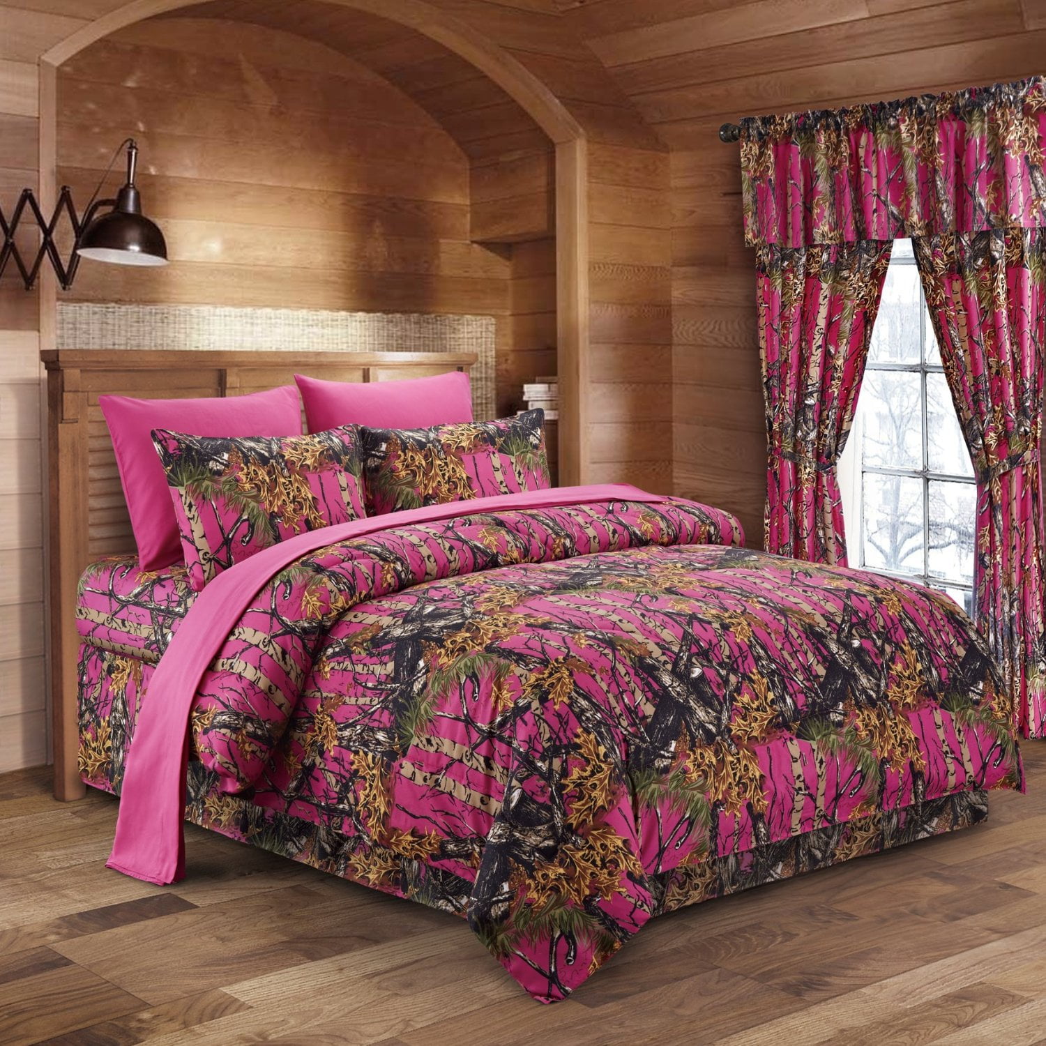 9 pc Twin size Woods Hot Pink Camo comforter and sheets curtains set 