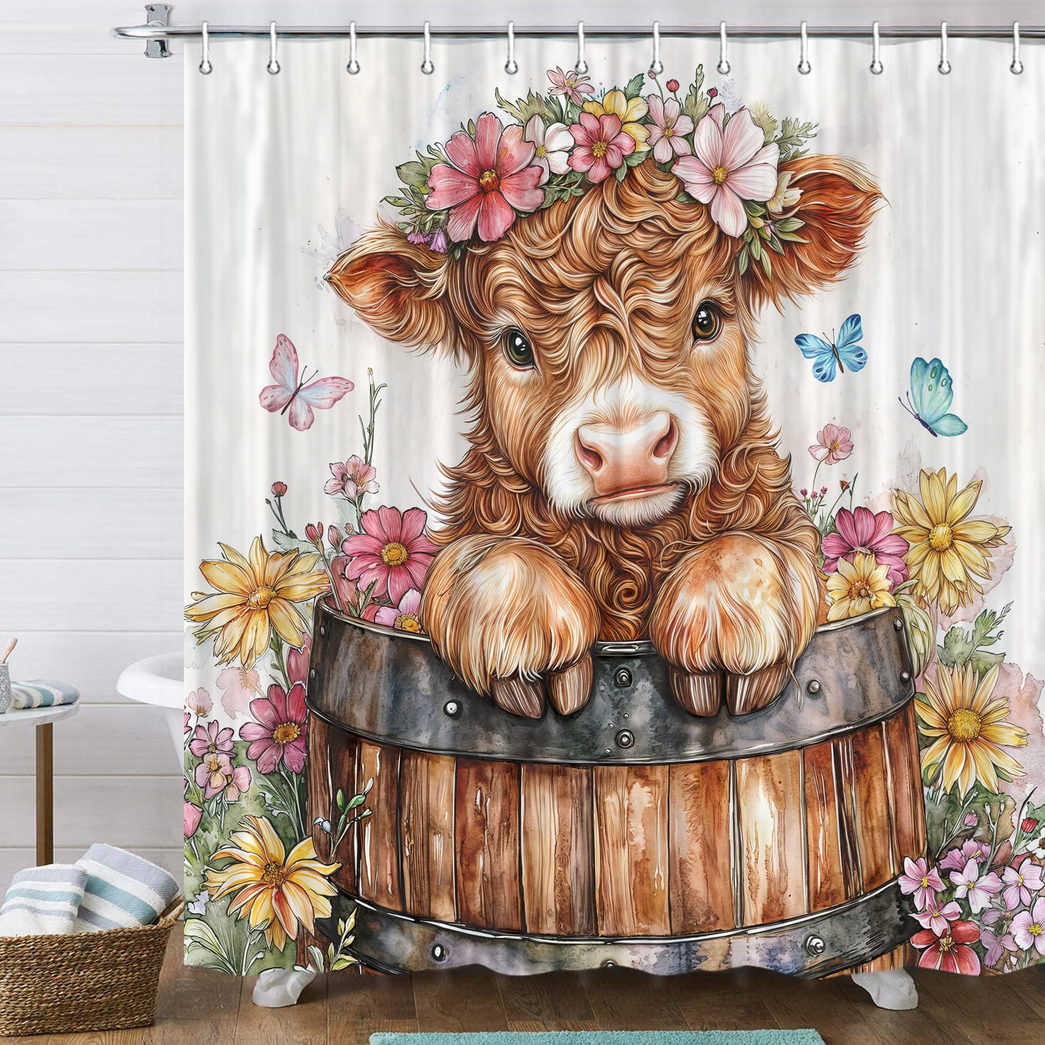 Highland Cow Duschvorhang – Lustiges Tier-Motiv Mit Blumen | Wasserdichtes Polyester, 183x183 Cm | Inkl. 12 Haken | Für Badezimmer-Deko