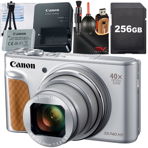 Canon PowerShot SX740 HS Digital Camera (Silver) with SanDisk 256GB Memory Card   Cleaning Pen   SV Premium Accessory Bundle (International Version)