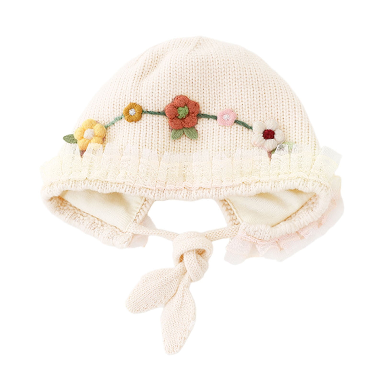 Adorable Baby Girls Knit Bonnet Hat Handmade Floral Lace Ruffle Earflap Bow Tie Warm Winter Headwear for Toddler