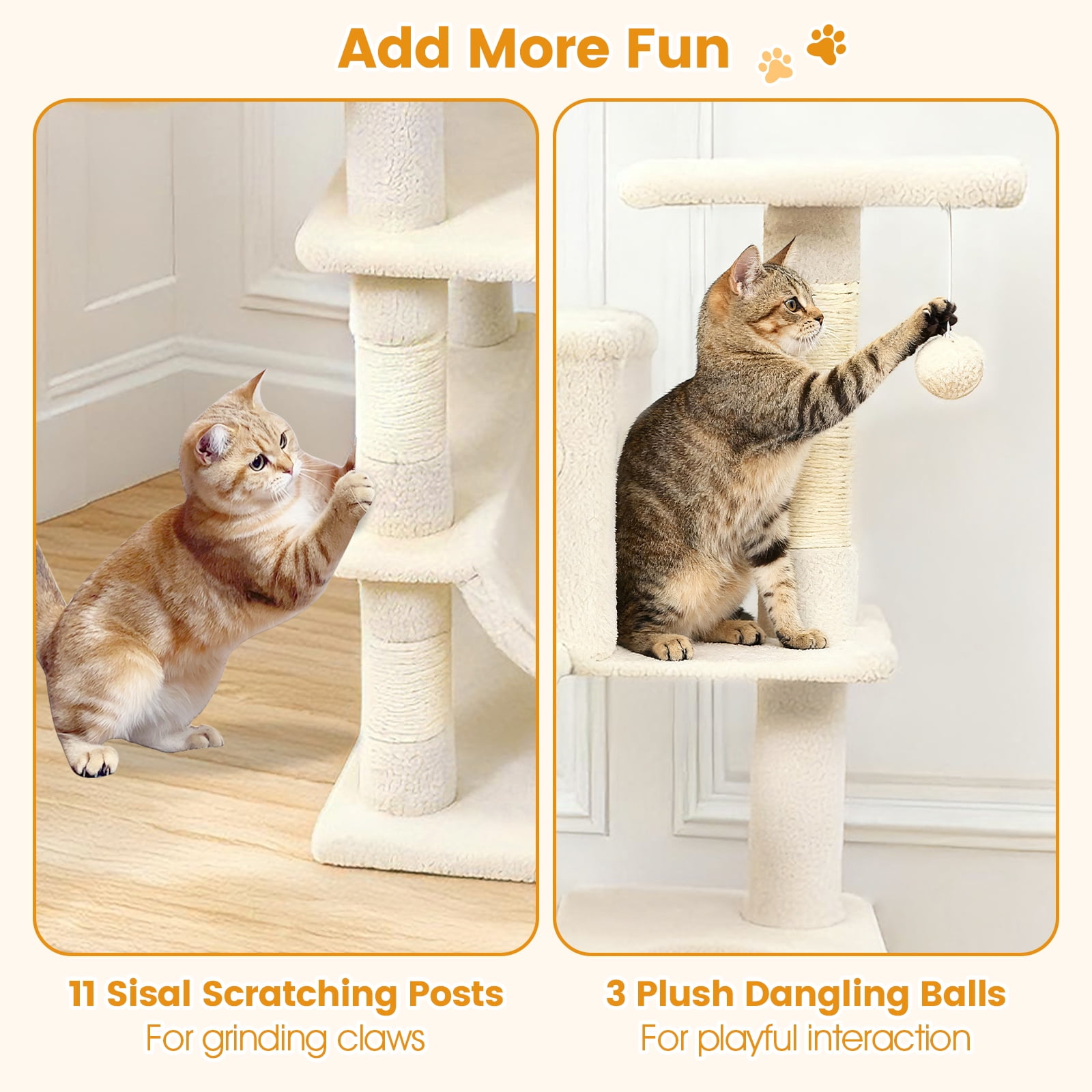 Gymax 66'' Tall Cat Tree w/2 Condos Sisal Scratching Posts Plush Perch Hammock Basket Beige