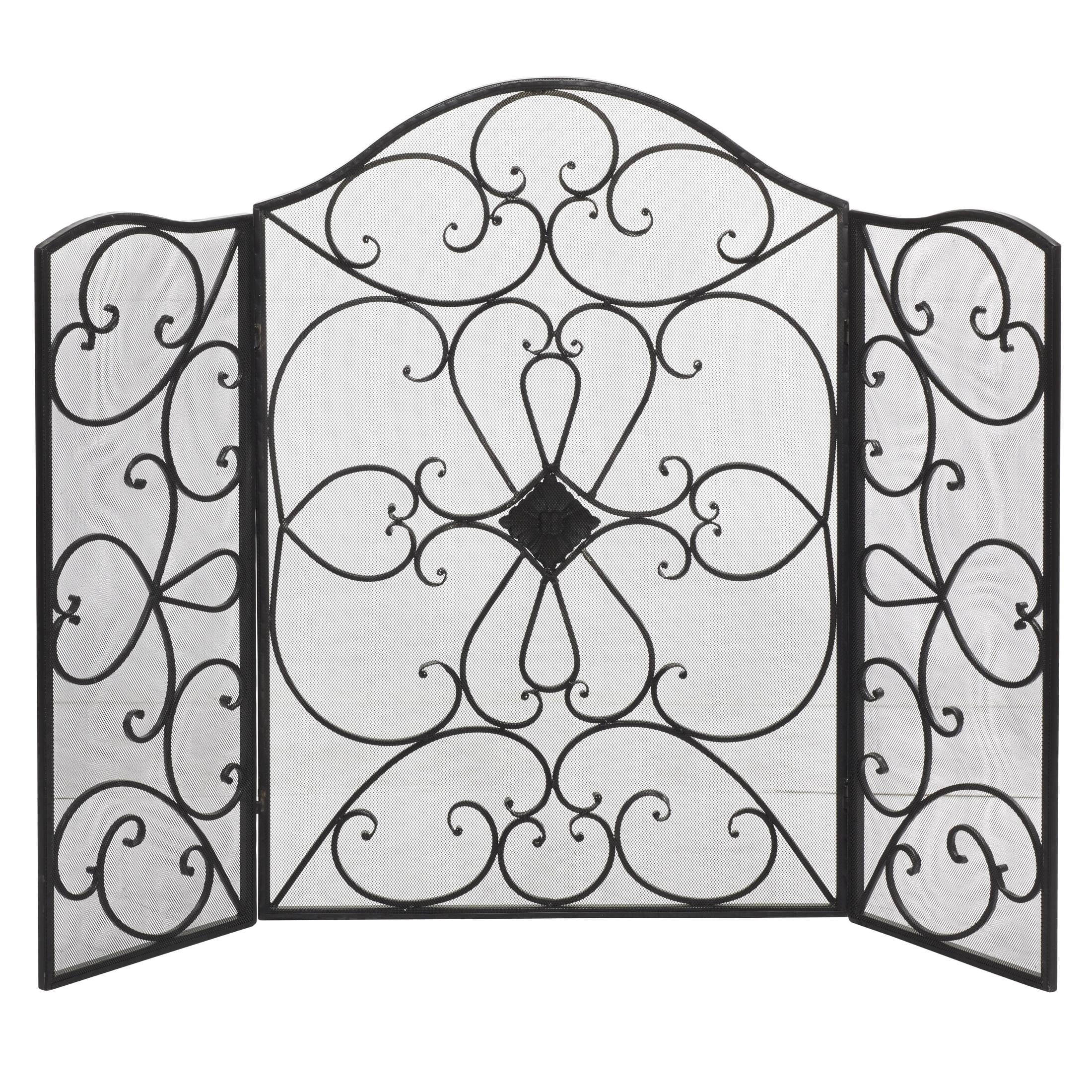DecMode 49" x 36" Black Metal Foldable 3 Panel Scroll Fireplace Screen with Mesh Netting, 1-Piece
