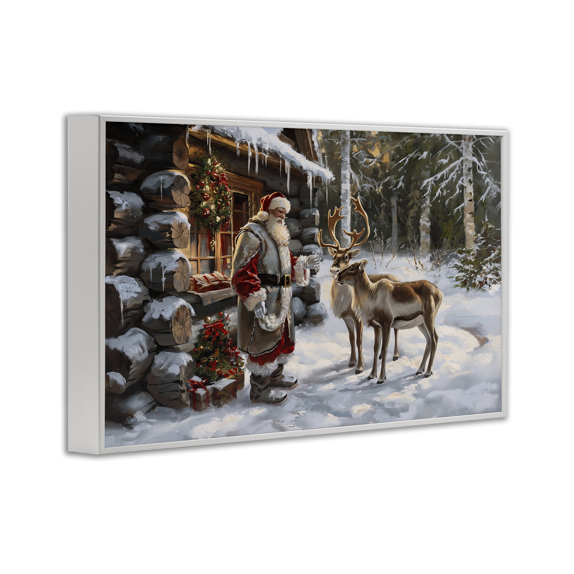Stupell Industries Santa's Cabin with Reindeer Holiday Painting White Framed Art Prints Wall Art, 18 x 12