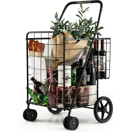 Sunny Lane Jumbo Folding Shopping Cart with Rolling Swivel Wheels, Foldable Grocery Cart on Wheels with Double Basket, Heavy Duty Utility Cart,Shopping Carts for Groceries Laundry Book Luggage Travel