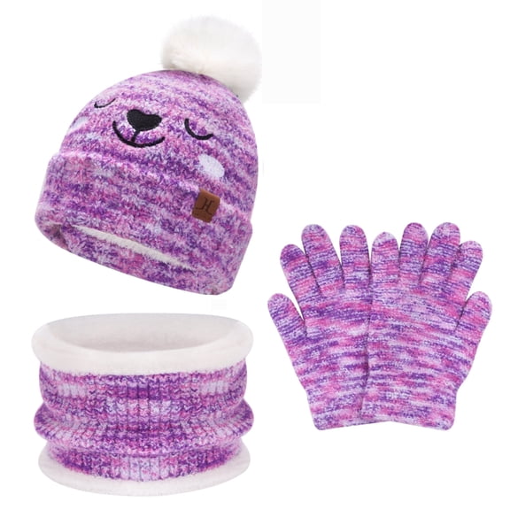 FZ FANTASTIC ZONE Kids Toddler Winter Beanie Hats Scarfs Touchscreen Gloves Set Pompom Caps Neck Warmer with Fleece Gifts for 5-8 Years Old Baby Girls Boys, Tiedyepurple