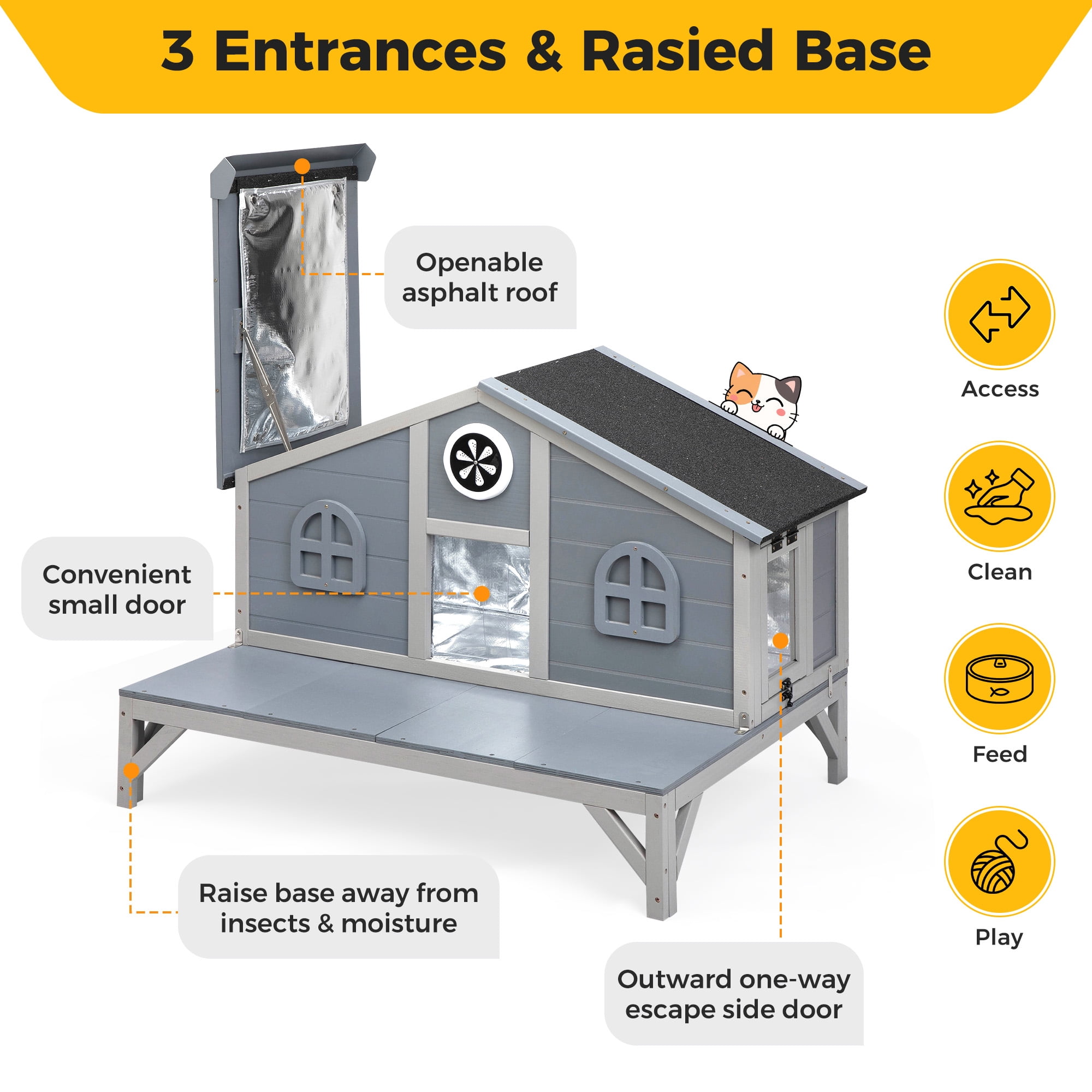 Insulated Wooden Cat House, Indoor Outdoor Cat Enclosure with Large Play Run Waterproof Roof, Fringe Curtain and Doors, Gray