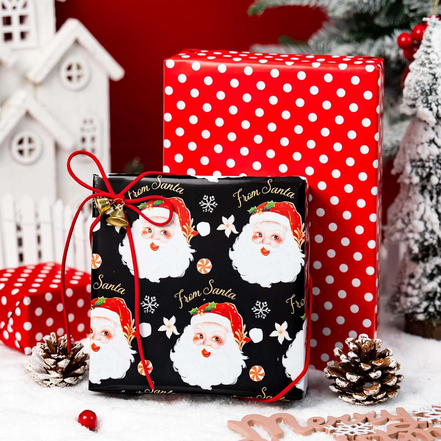 Christmas Wrapping Paper, Reversible Black Santa, Red Dot Design Gift Wrapping Paper Suitable for Christmas, Mini Roll (17 Inch X 32.8 Feet)