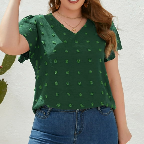 Wycnly Womens Blouses and Tops Dressy Going out Casual Lightweight Chiffon Jacquard Plus Size Tunic Shirts Summer Solid V-Neck Short Sleeve Cute Tees Tops Green XXXL
