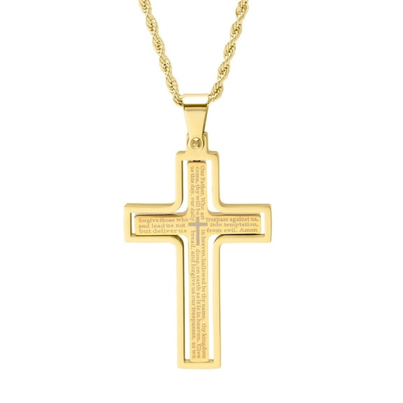 SteelTime Lord's Prayer Spinner Cross Pendant Necklace Stainless Steel Jewelry, Gold