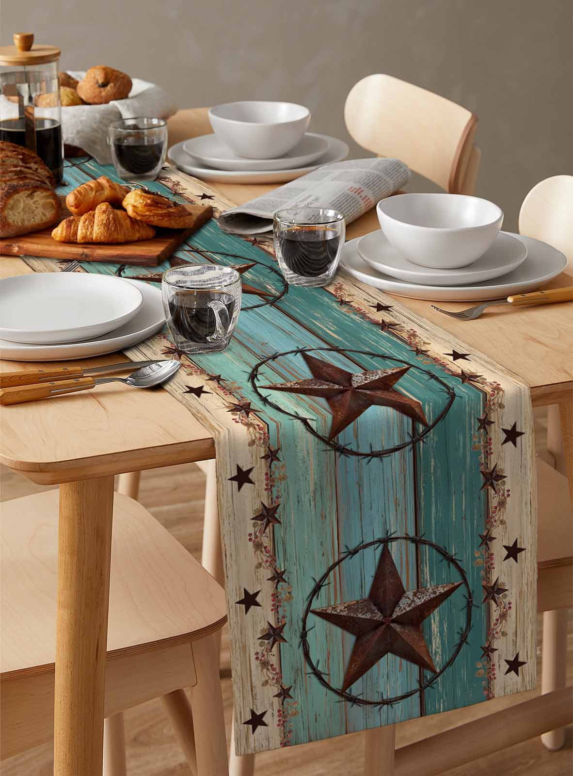 Texas Star Country Table Runner 108 Inches, Western Old Wooden Board Vintage Bed Runner Dresser Scarves Tabletop for Indoor Outdoor Parties/Ceremony/Banquet, 13"x 108"
