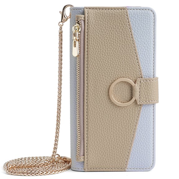 Dteck Crossbody Wallet Case for Samsung Galaxy A35 5G, Bicolor PU Leather Zipper Purse with Card Holder Mini Make-up Mirror for Women Girls,Folio Flip Phone Case with Magnetic Closure,Blue