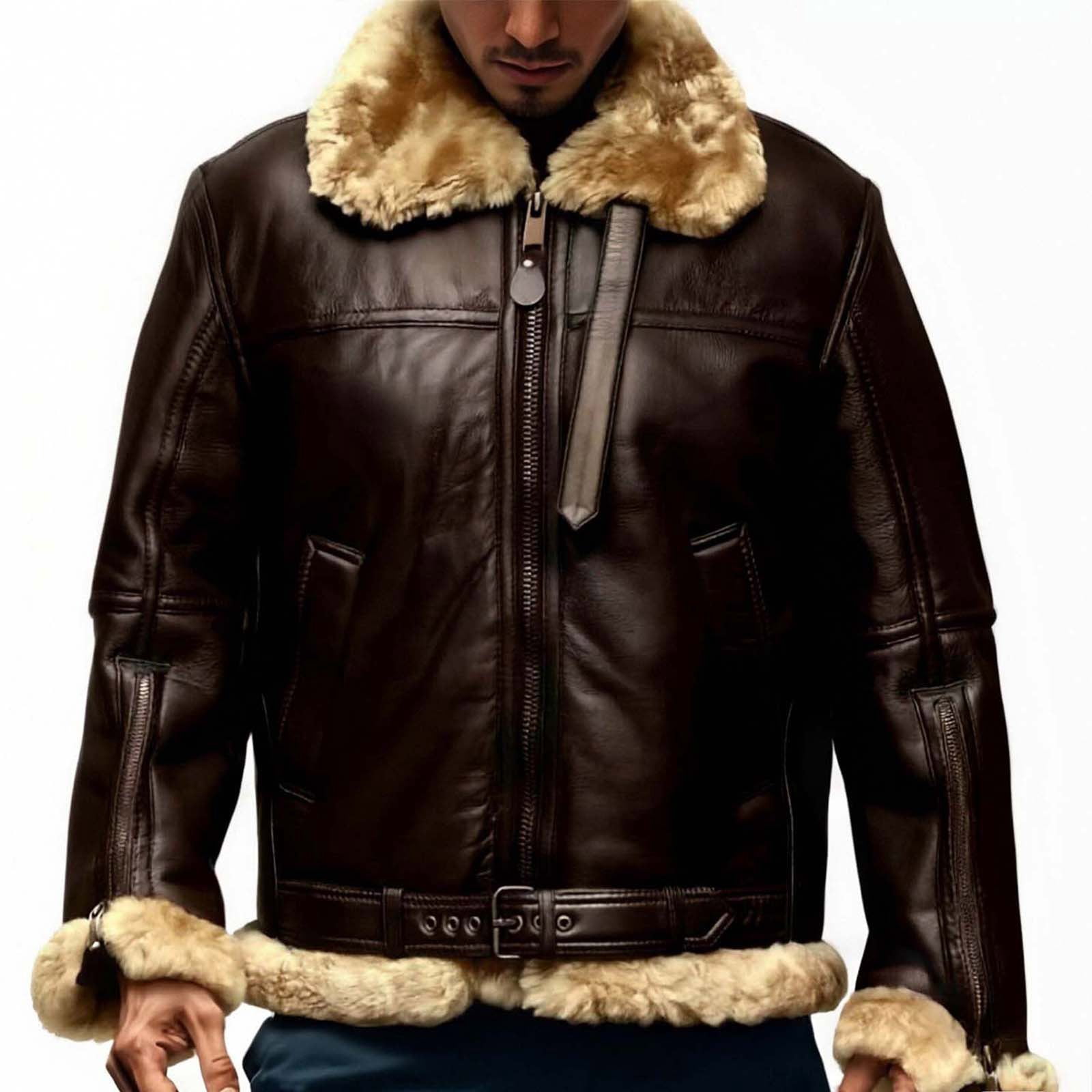 Real Lambskin Leather Jackets Mens - Premium Shearling Leather Coat Men Casual Winter Sherpa Lined Leather Fur Coats Shearling Sheepskin Leather Winter Jacket with Pockets
