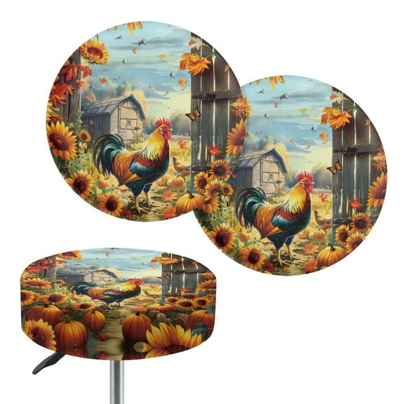 ZUXONGSY Rooster Harvest Farmhouse Round Stool Covers 2 Packs Size S Circle Stool Cover 12"-14" Stretch Soft Fabric Bar Stool Covers Autumn Thanksgiving Stool Cushion Accessories