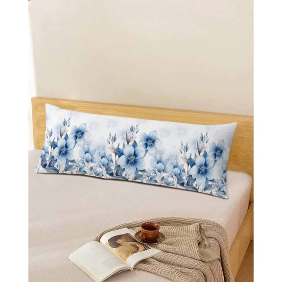 Watercolor Blue Floral Throw Pillow Cover,Nature Leaves Flowers Blooming Rectangle Decorative Pillow Case Protector Soft Cushion Cover Lumbar Pillowcase for Couch Sofa Bedroom Car Decor 20x54 Inch